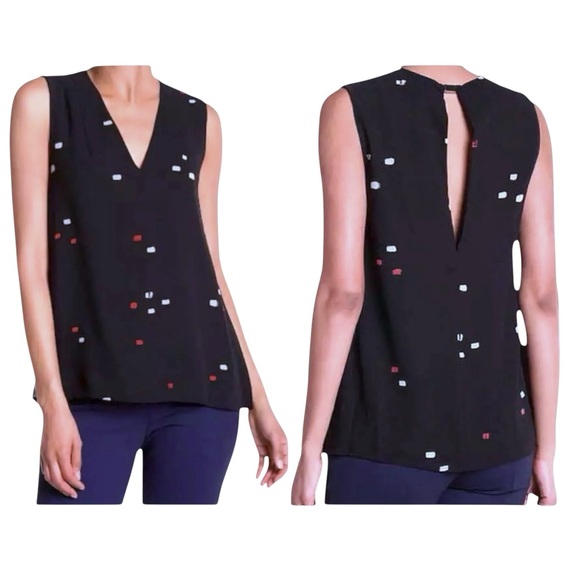 $395 Jason Wu Broken Blocks Top 10 Large Black V Neck Tank Inverted Side Pleats - Picture 1 of 13